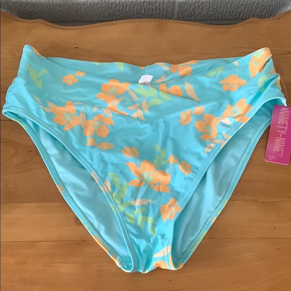 Ninety-Nine° Juniors' High-Waist Cheeky Swim Bottoms Seafoam floral XXL  NWT